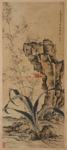 CHINESE SCROLL PAINTING OF FLOWER AND ROCK