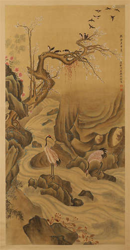 CHINESE SCROLL PAINTING OF CRANE BY RIVER