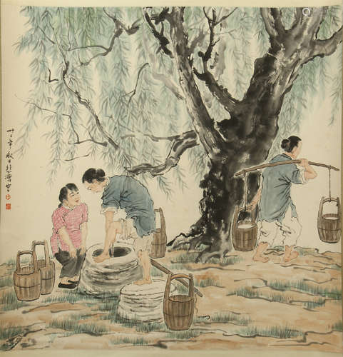 CHINESE SCROLL PAINTING OF WOMEN CARRYING WATER