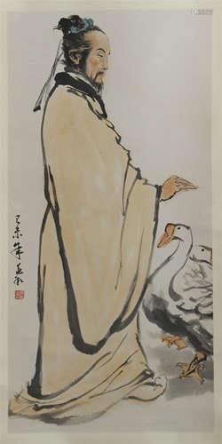 CHINESE SCROLL PAINTING OF MAN AND GEESE