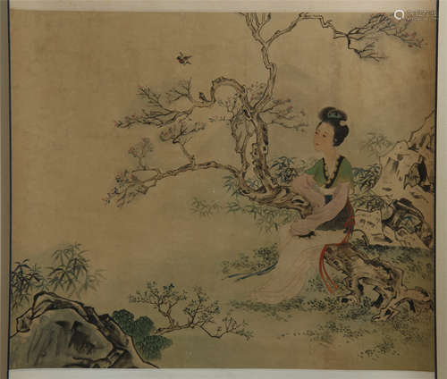 CHINESE SCROLL PAINTING OF BEAUTY IN GARDEN