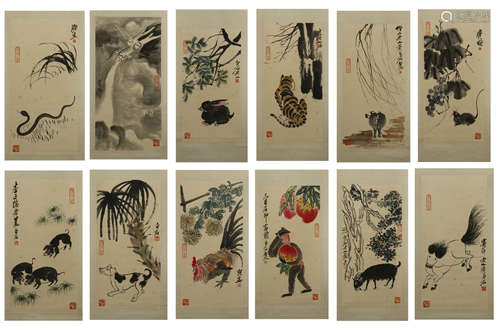 TWEELVE PANELS OF CHINESE SCROLL PAINTING OF ANIMALS