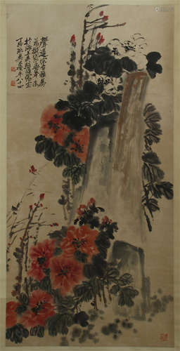 CHINESE SCROLL PAINTING OF FLOWER AND ROCK