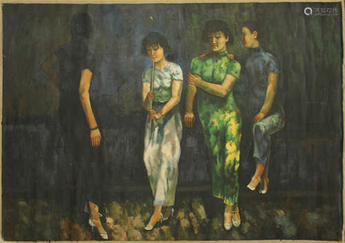 CHINESE OIL PAINTING OF FOUR LADIES ON CANVAS