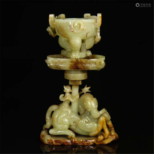 CHINESE ANCIENT JADE HORSE CANDLE HOLDER
