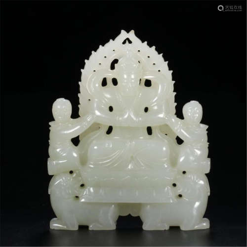 CHINESE WHITE JADE SEATED BUDDHA WITH BOY TABLE ITEM