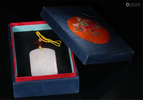 CHINESE WHITE JADE WARRIOR AND POEM PLAQUE