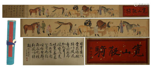 CHINESE HAND SCROLL PAINTING OF HORSE MAN WITH CALLIGRAPHY