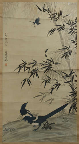 CHINESE SCROLL PAINTING OF BIRD AND BAMBOO