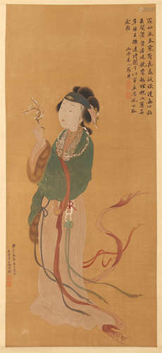 CHINESE SCROLL PAINTING OF BEAUTY WITH FLOWER