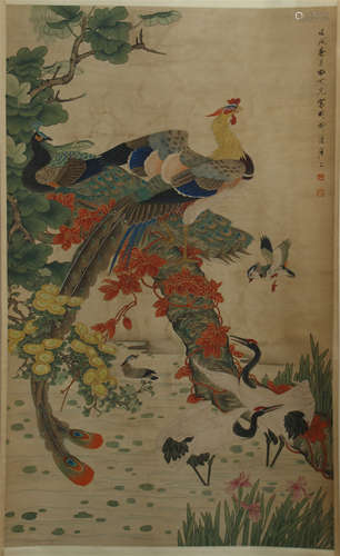 CHINESE SCROLL PAINTING OF PHOENIX AND FLOWER