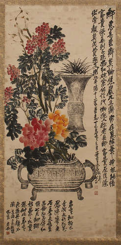 CHINESE SCROLL PAINTING OF FLOWER IN DING VASE