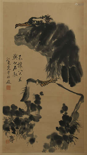 CHINESE SCROLL PAINTING OF EAGLE ON ROCK