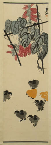 CHINESE SCROLL PAINTING OF CHICKEN AND FLOWER