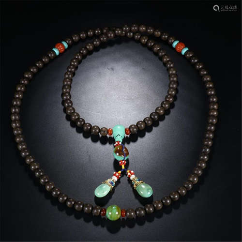 CHINESE AGALWOOD BEAD BUDDHIST NECKLACE