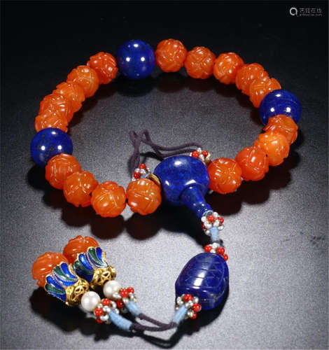 CHINESE RED AGATE LAPIS BEAD BUUDHST BRACELET