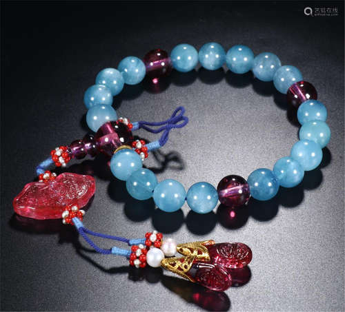 CHINESE AQUAMARINE TURMALINE BEAD BUDDHIST BRACELET