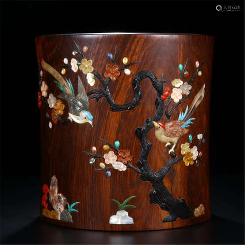 CHINESE GEM STONE INLAID HARDWOOD HUANGHUALI BRUSH POT