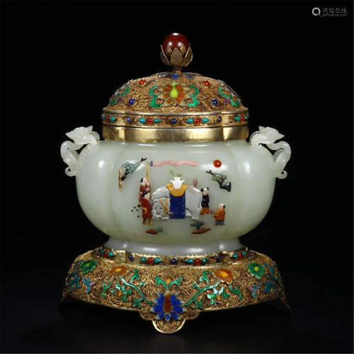 CHINESE CELADON JADE CENSER WITH GILT SILVER ENAMEL LIDDER AND BASE