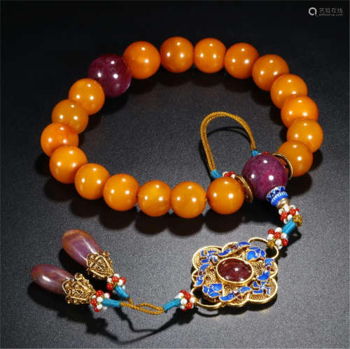 CHINESE HONEY AMBER BEAD BUDDHIST BRACELET