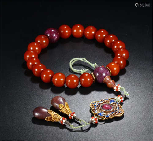 CHINESE RED HONEY AMBER BEAD BUDDHIST BRACELET