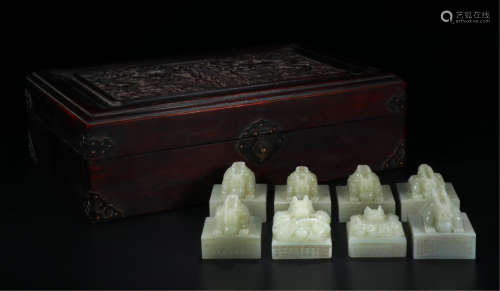 EIGHT CHINESE CELADON JADE DRAGON SEALS