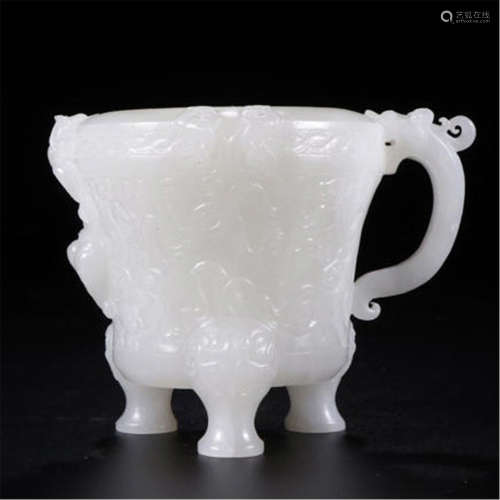 CHINESE WHITE JADE DRAGON HANDLE TRIPLE FEET JUE CUP