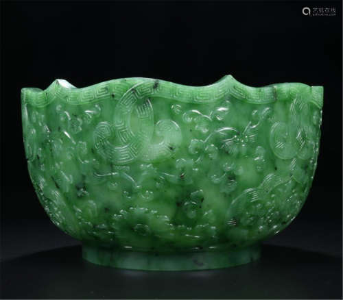 CHINESE SPINACH JADE FLOWER LOTUS SHAPED BOWL