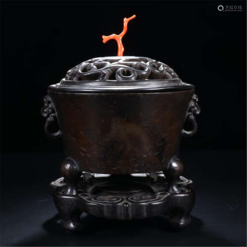 CHINESE BRONZE CENSER WITH ROSEWOOD LIDDER AND BASE