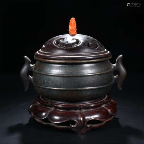 CHINESE BRONE CENSER WITH ROSEWOOD LIDDER AND BASE