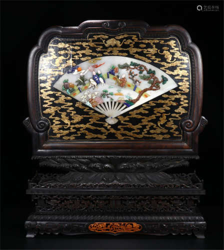 CHINESE GEM STONE INLAID WHITE JADE FAN PLAQUE ROSEWOOD TABLE SCREEN