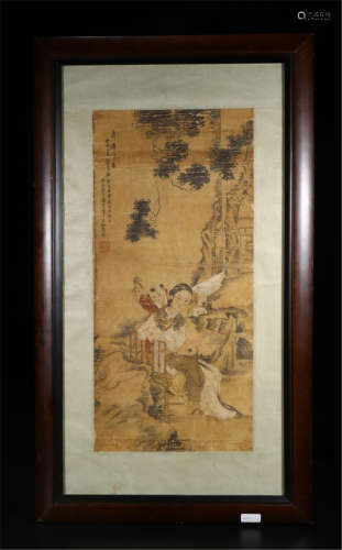 CHINESE FRAMED SCROLL PAINTING OF BEAUTY AND BOY