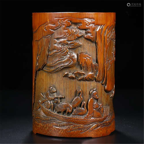 CHINESE BAMBOO MAN IN BOAT BRUSH POT