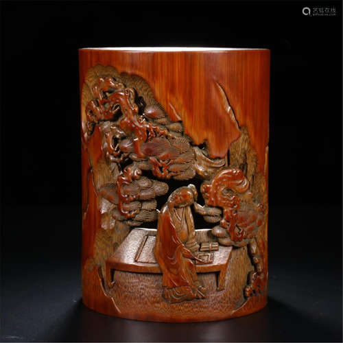 CHINESE BAMBOO MAN IN MOUNTAIN BRUSH POT