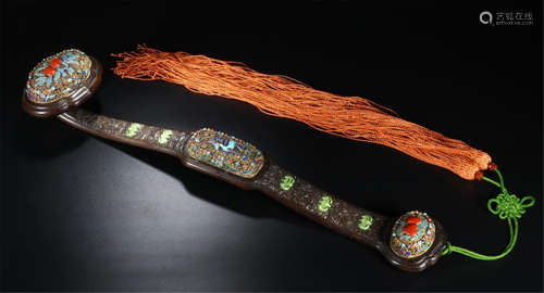 CHINESE GEM STONE INLAID ENAMEL HARDWOOD ZITAN RUYI SCEPTER