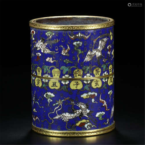 CHINESE CLOISONNE BIRD AND FLOWER BRUSH POT