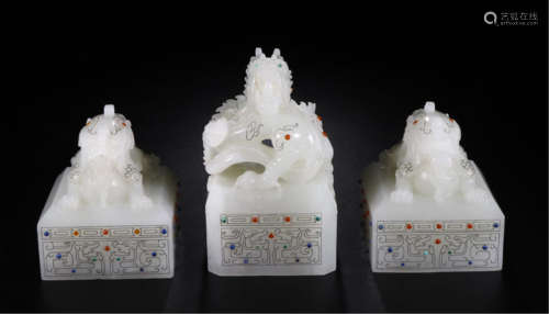 THREE CHINESE WHITE JADE DRAGON SEALS