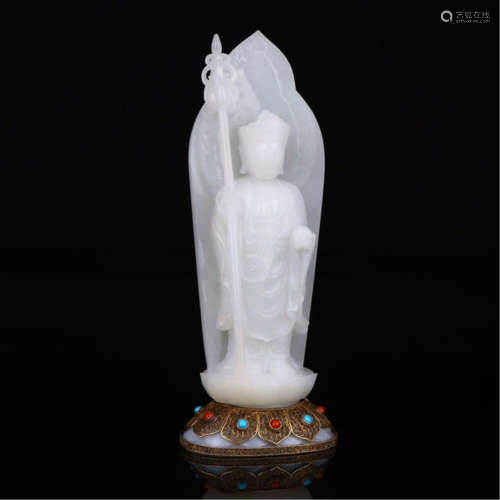 CHINESE WHITE JADE STANDING BUDDHA ON GILT SILVER ENAMEL BASE