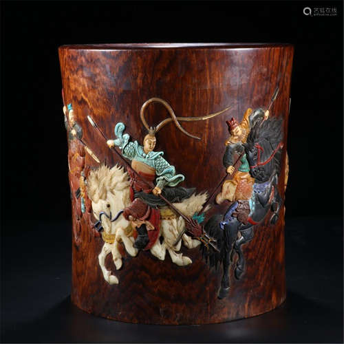 CHINESE HARDWOOD HUANGHUALI WARRIORS BRUSH POT