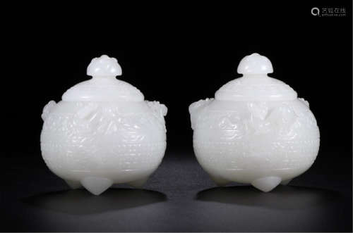 PAIR OF CHINESE WHITE JADE LIDDED ROUND CENSER