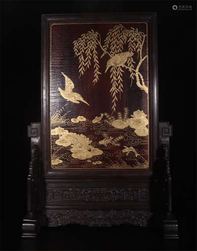 CHINESE GEM STON EINLAID LACQUER HONGMU TABLE SCREEN