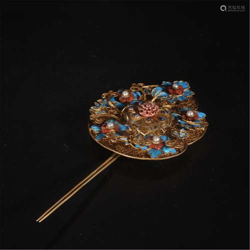 CHINESE GILT SILVER KINGFISHER FEATHER DECOR HAIRPIN