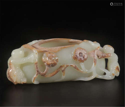 CHINESE WHITE JADE BOY WITH FLOWER BRUSH WASHER