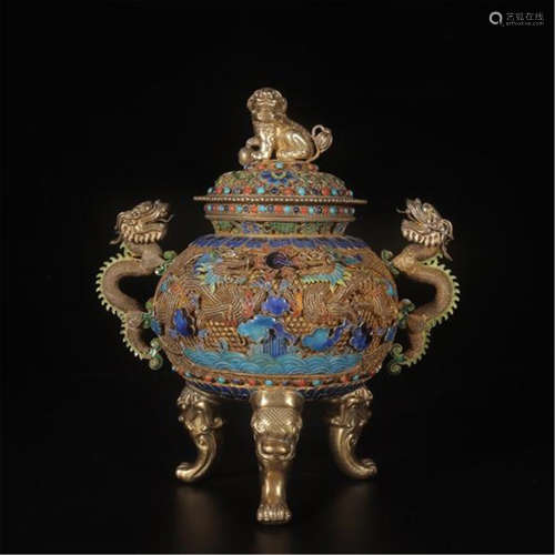 CHINESE GILT SILVER ENAMEL TRIPLE FEET LIDDED CENSER