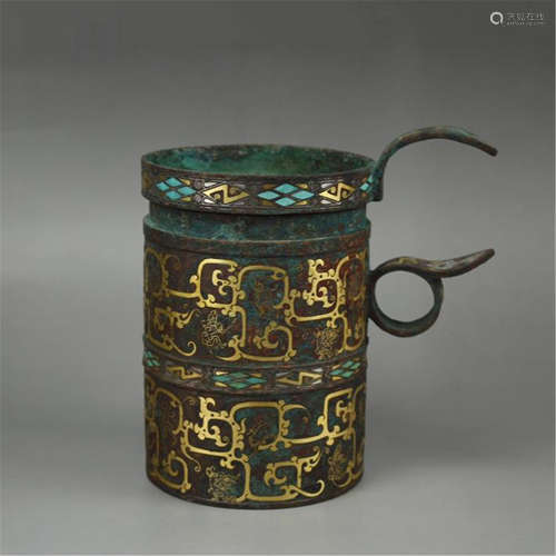 CHINESE GOLD TURQUOISE INLAID BRONZE HANDLE CUP