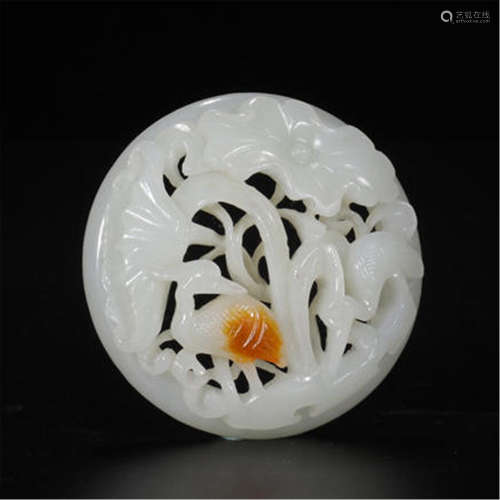 CHINESE WHITE JADE BIRD AND FLOWER ROUND PLAQUE