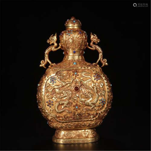 CHINESE GEM STONE INLAID GILT BRONZE SQUARE VASE