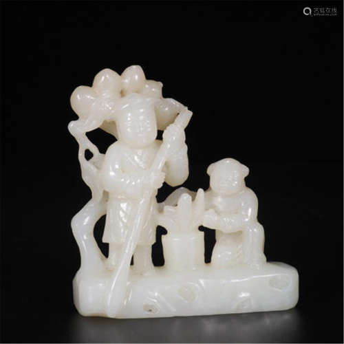 CHINESE WHITE JADE MEN ON BOAT TABLE ITEM