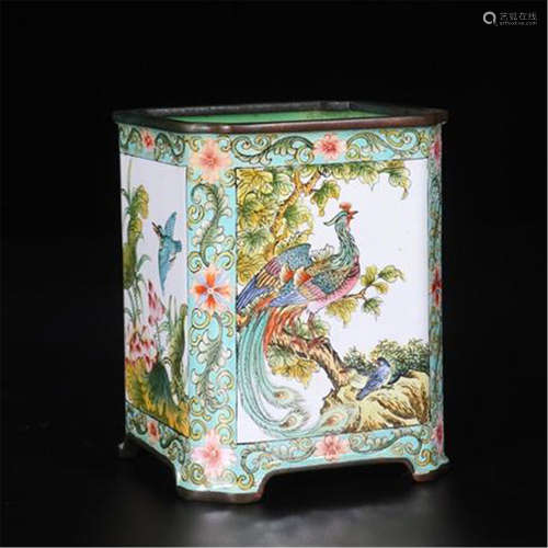 CHINESE ENAMEL BIRD AND FLOWER SQUARE BRUSH POT