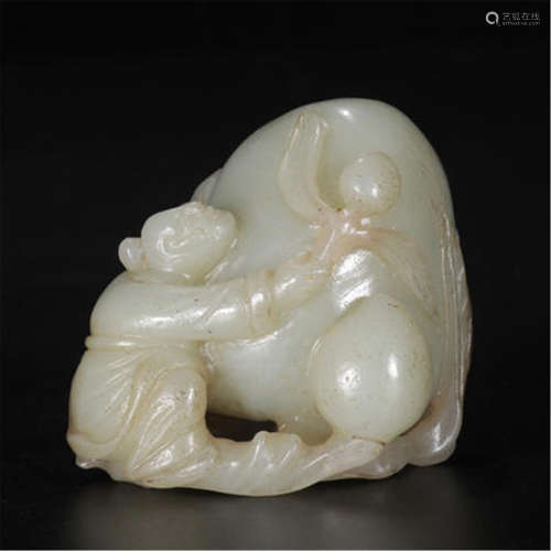 CHINESE WHITE JADE BOY AND PEACH TABLE ITEM